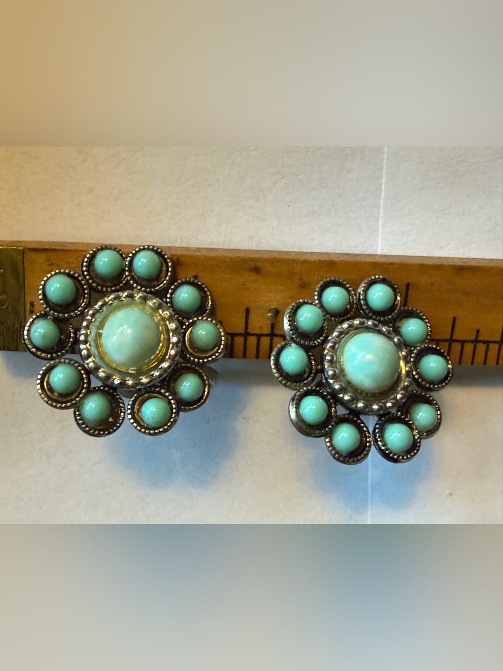 Vintage Zuni style needlepoint screw back earrings, silver tone & faux turquoise